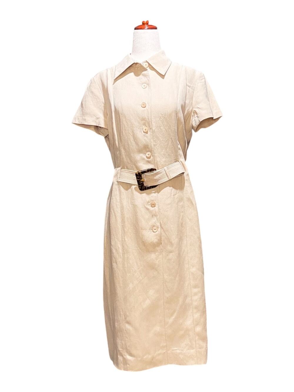 Vintage Talbots Silk Linen Belted Shirt Dress Beige Safari Utility Midi Size 8